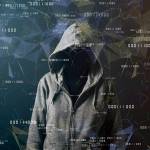 person with face hidden by hood, with numbers illustration, shady identity theft illustration