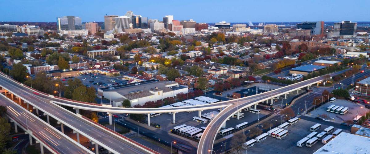 Aerial view Wilmington Delaware Downtown City Skyline bus station and highways