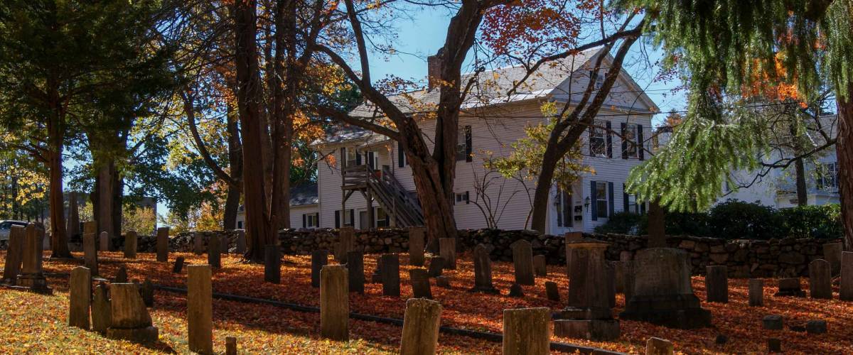 Old graveyard in a small town in New England with stonetombs. SOUTHBRIDGE, MASSACHUSETS. USA - NOVEMBER 17 2017.