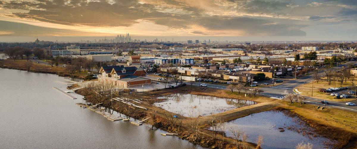 Aerial of Camden New Jersey Sunset
