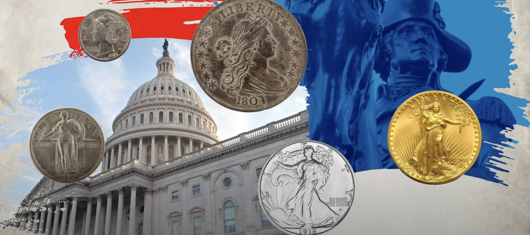 Infographic of collectible coins on a background of the U.S. Capitol.