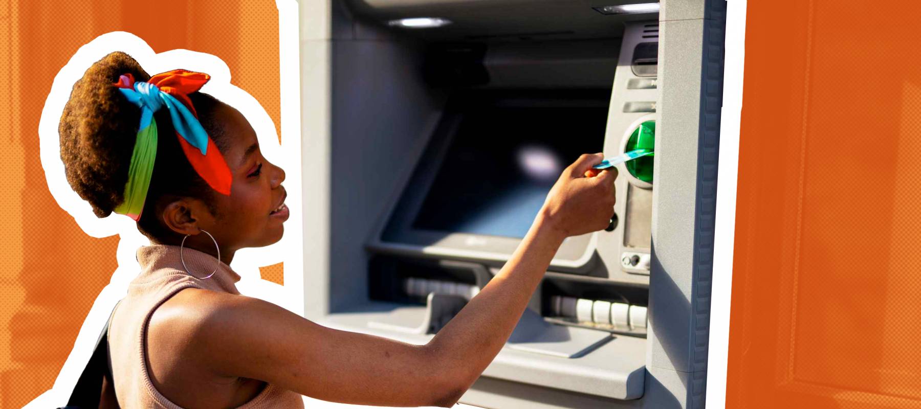 Beautiful african women using ATM machine. Attractive young woman withdrawing money from credit card at ATM.