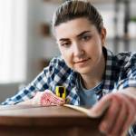 repair, diy and home improvement concept - woman with ruler measuring old wooden table for renovation