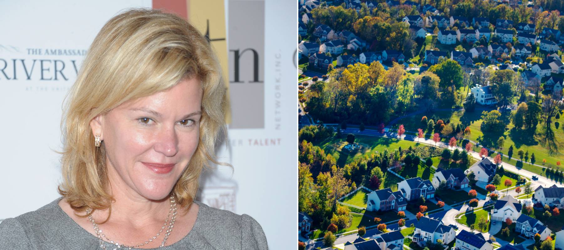 A collage image of Meredith Whitney smiling slyly on the left and an aerial view of an affluent suburb during early fall on the right.