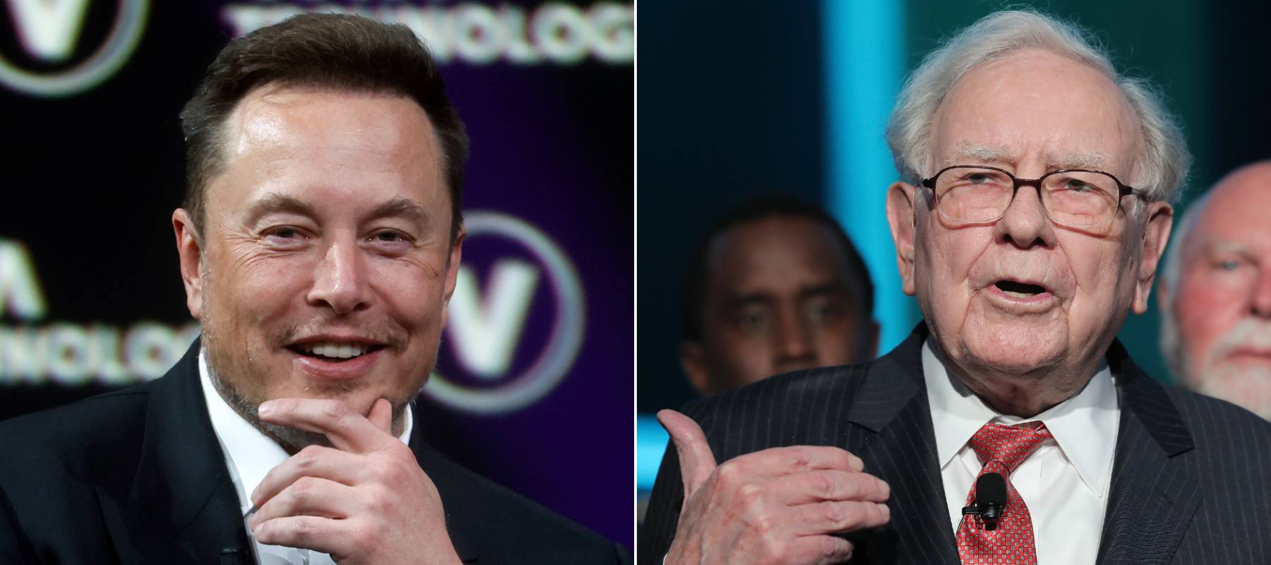 A collage image of Elon Musk, left, grinning while rubbing at his chin with Warren Buffett, right, gesturing broadly.