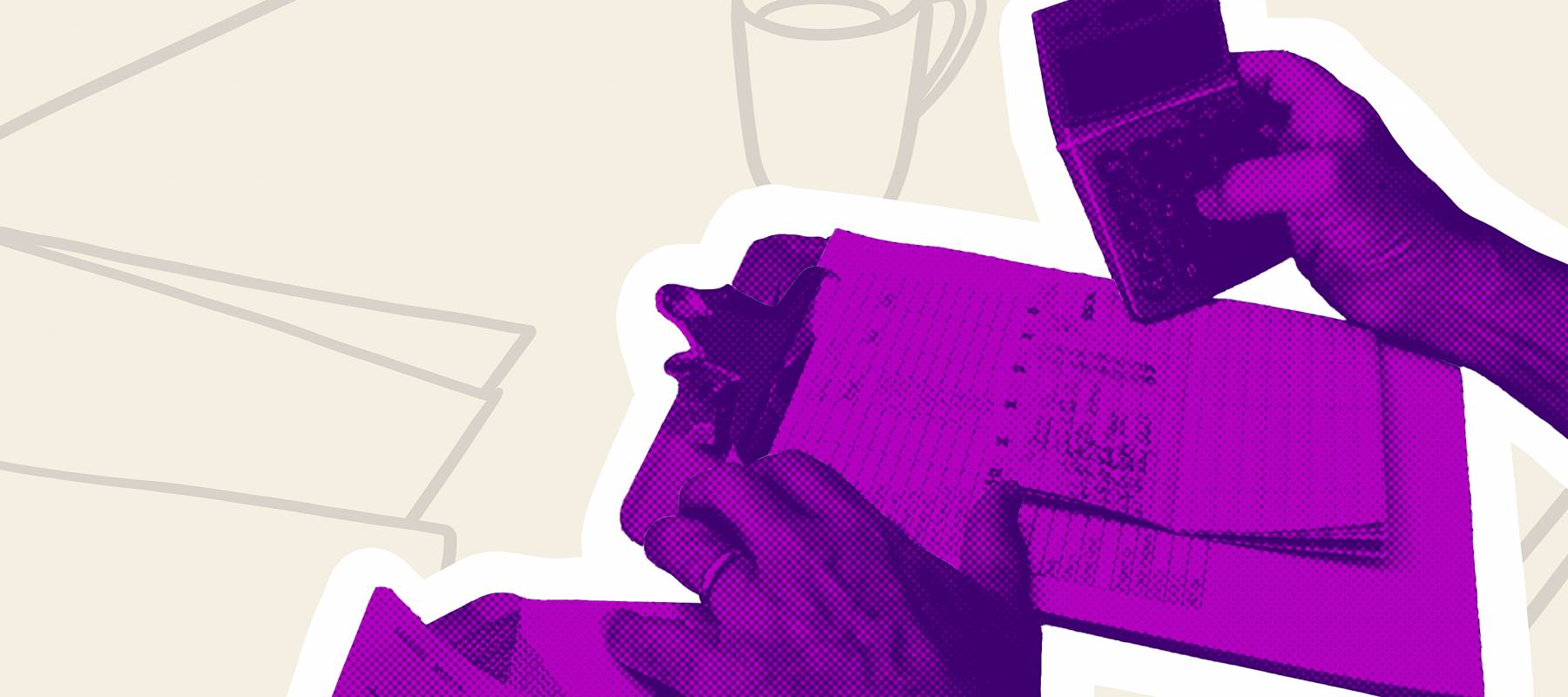 Hands of homeowner balancing the budget while drinking coffee in daily routine in home sweet home.