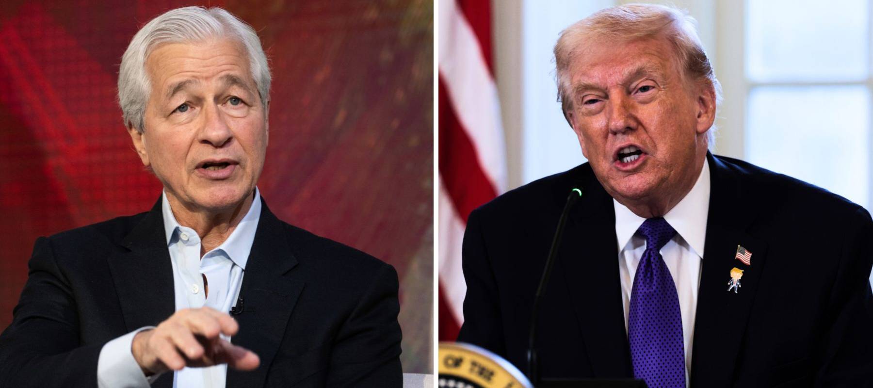 Composite image of Jamie Dimon speaking at an event and Donald Trump speaking in an unrelated meeting.