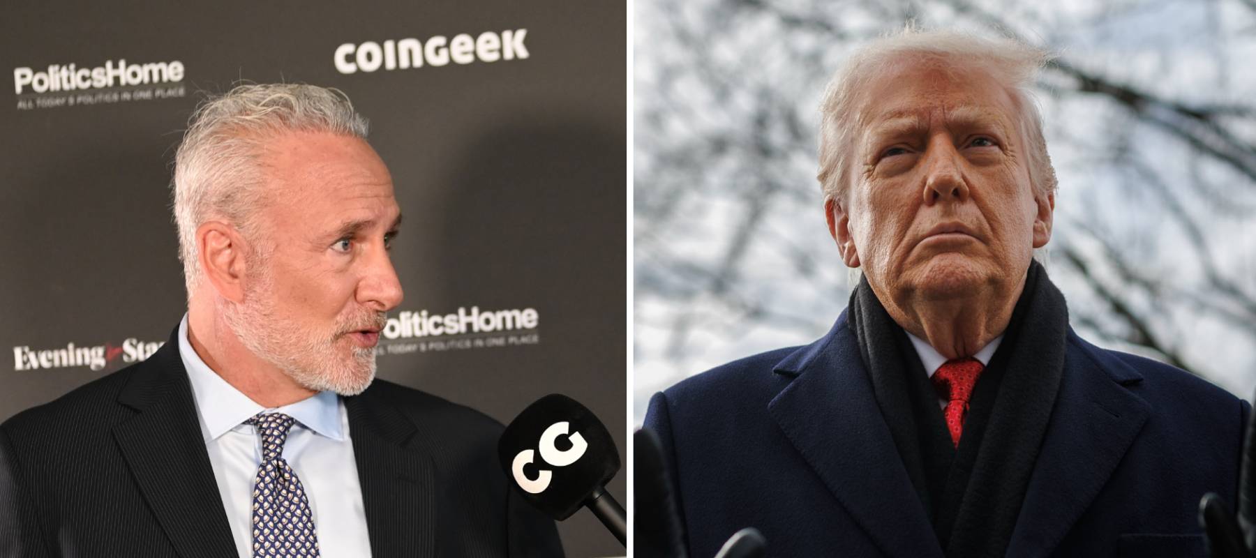 A compilation image of Peter Schiff speaking into a microphone on the left, and President Donald Trump raising his hands on the right.