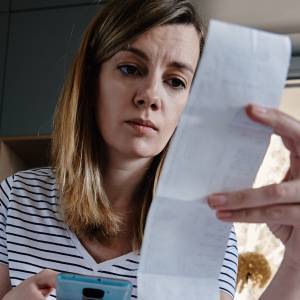 A woman tallying the costs of a bill while in the kitchen.