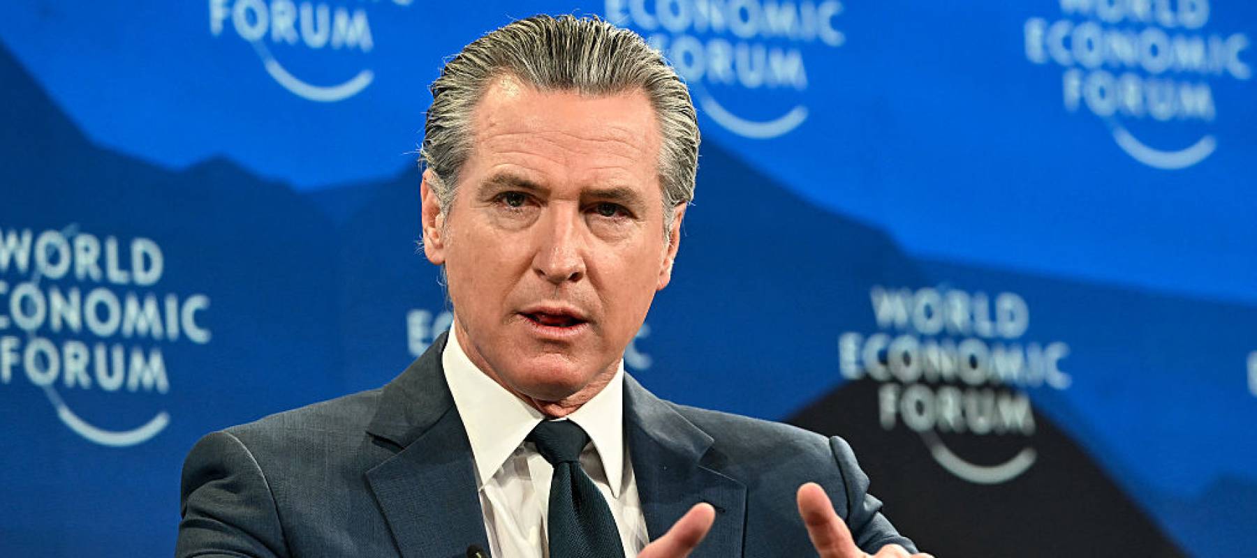US Governor of California Gavin Newsom gestures as he speaks during the World Economic Forum (WEF) annual meeting in Davos on January 22, 2026.