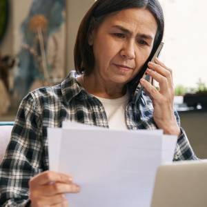 A woman, scrutinizing a billing statement, while on the phone.