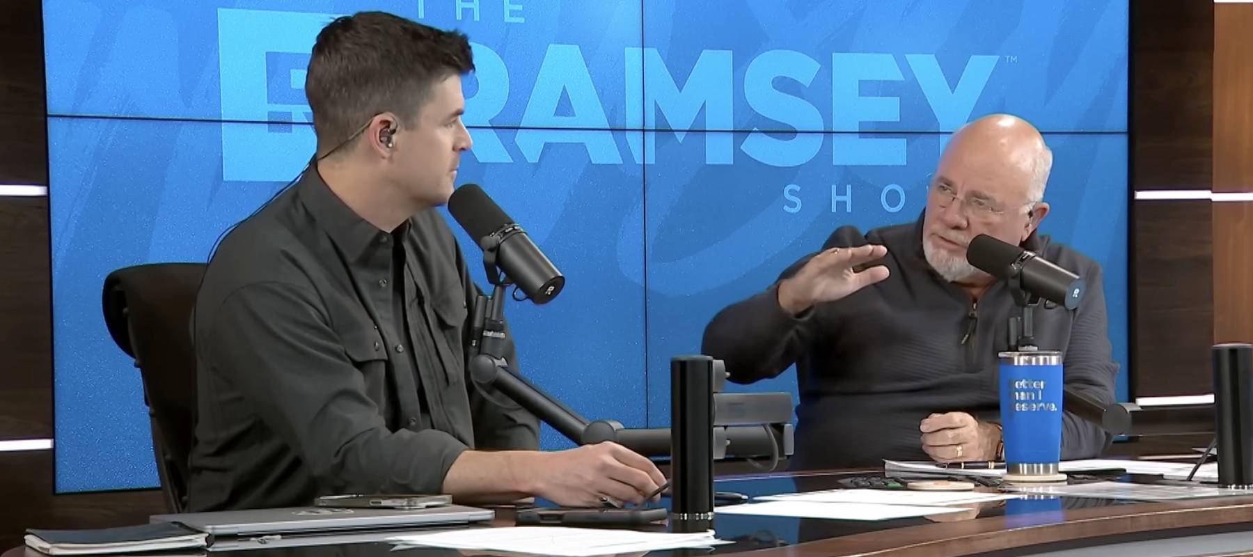 Dave Ramsey (right) and co-host John Delony speak with Preson from Austin, Texas.