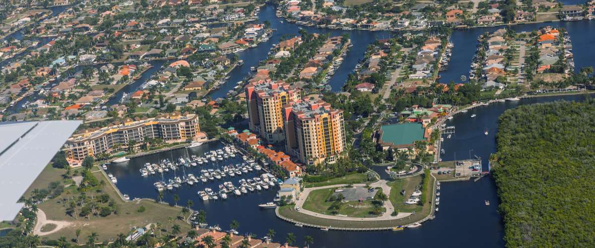 Aerial view of city and gulf Cape Coral, Florida. The Westin Cape Coral Resort at Marina Village