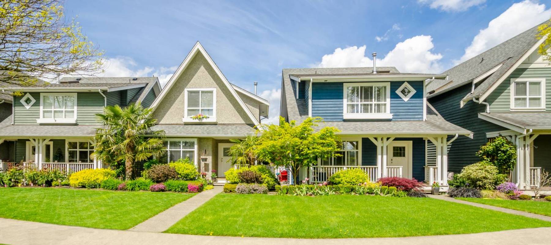 A perfect neighborhood. Houses in suburb at Spring in the north America