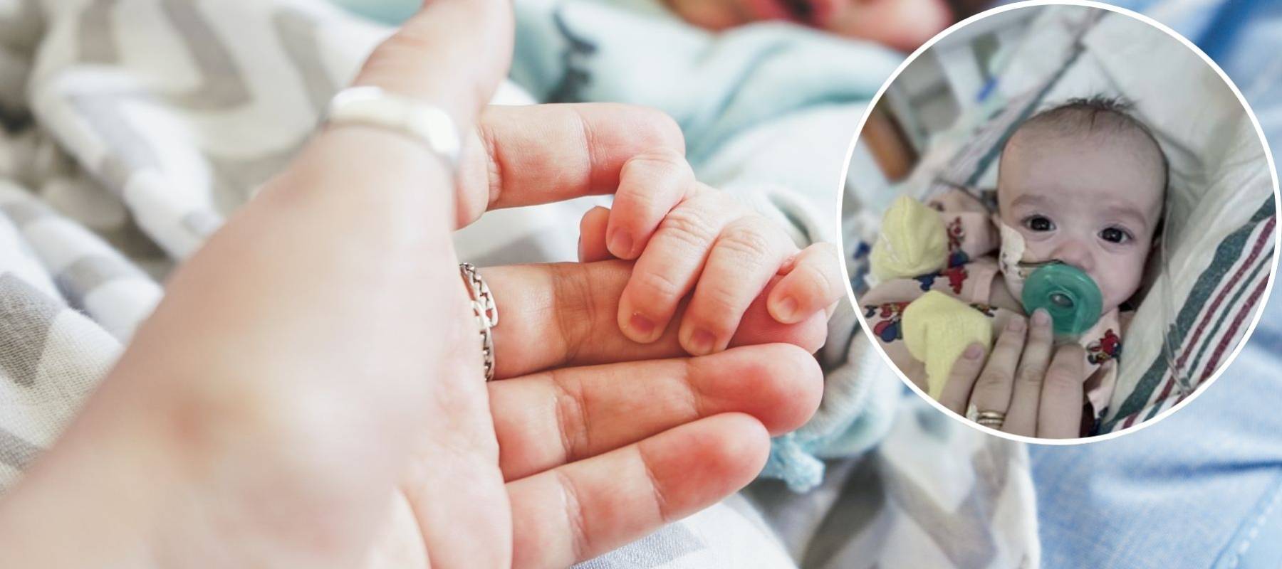 Baby wrapped in hospital blanket seen looking up at camera imposed over close up of mother holding newborn baby's hand.