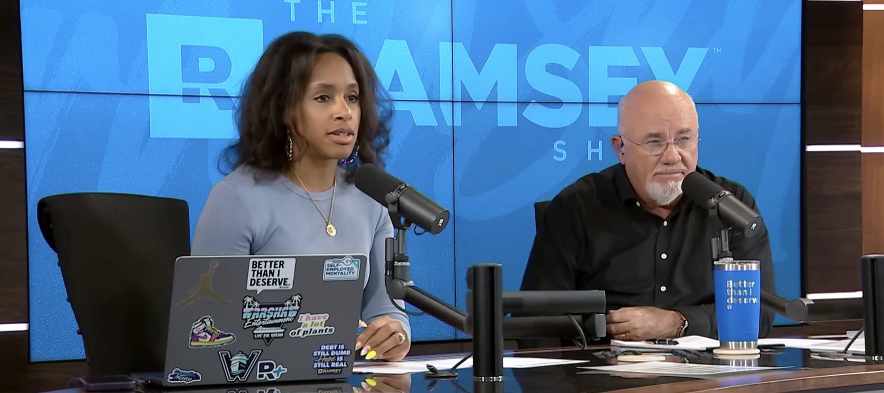 Dave Ramsey and Jade Warshaw speak with caller Cynthia (not seen) about her out-of-control spending.
