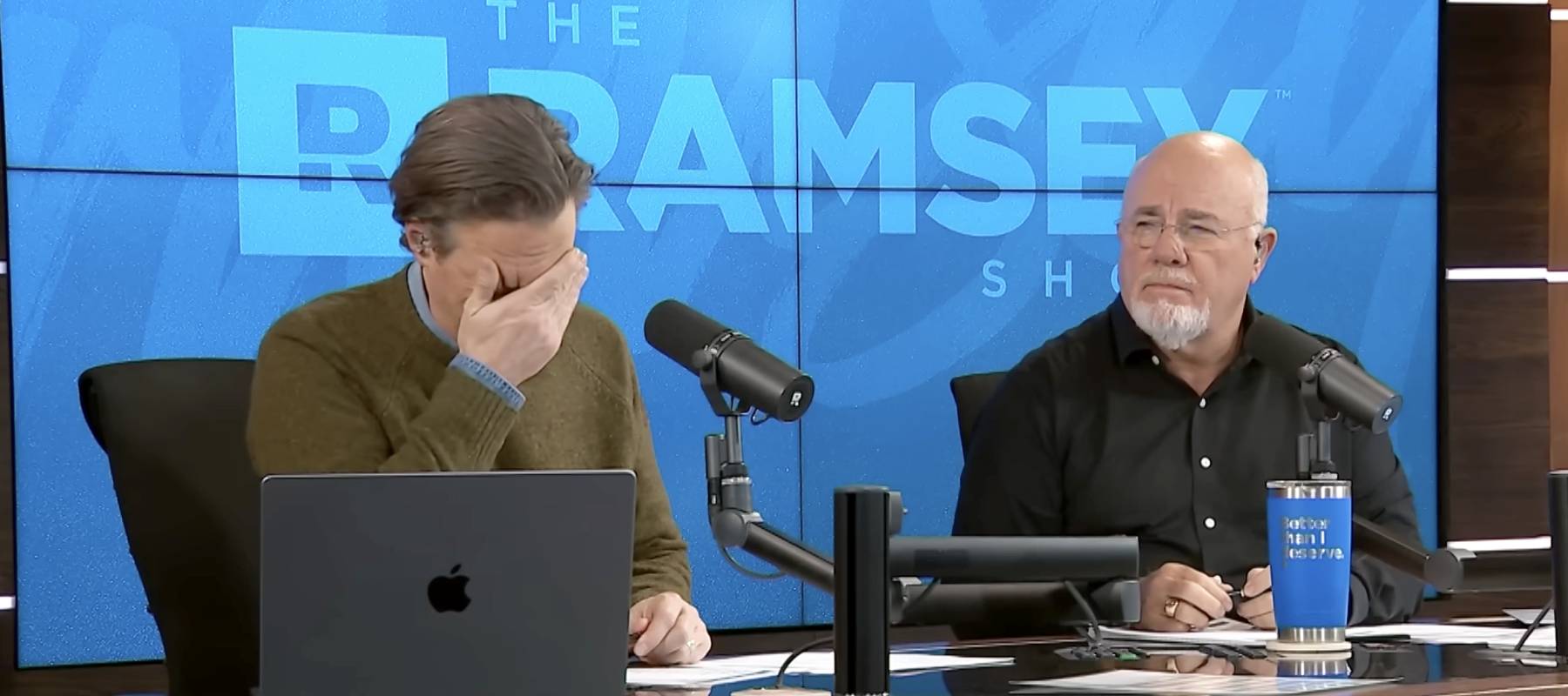 Dave Ramsey (right) and Ken Coleman speak with caller Hunter (not seen) on The Ramsey Show.