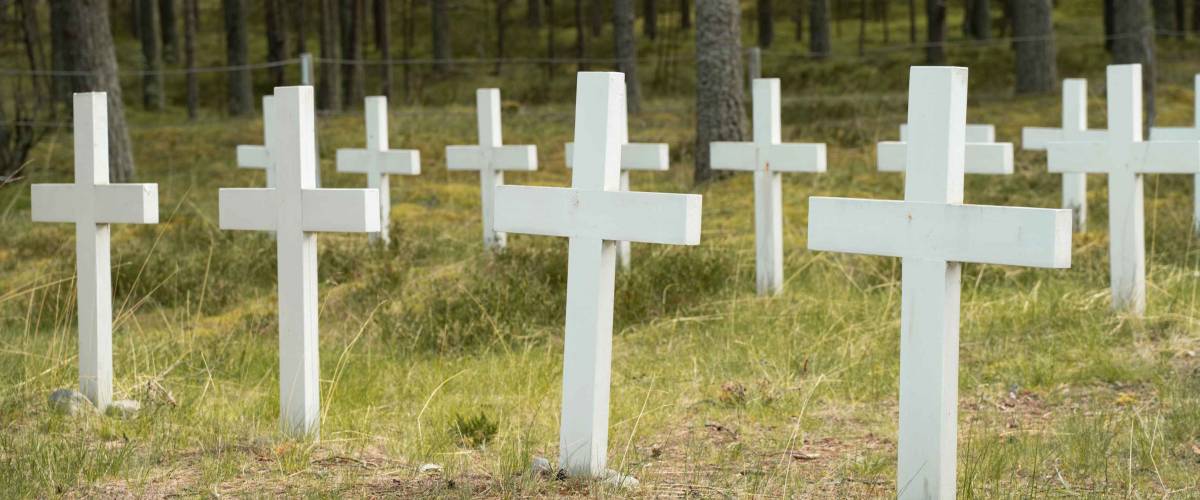 White wooden crosses in the forest grave yard.