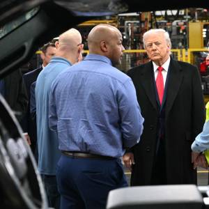 President Donald Trump tours a Ford assembly line in Dearborn, Michigan.