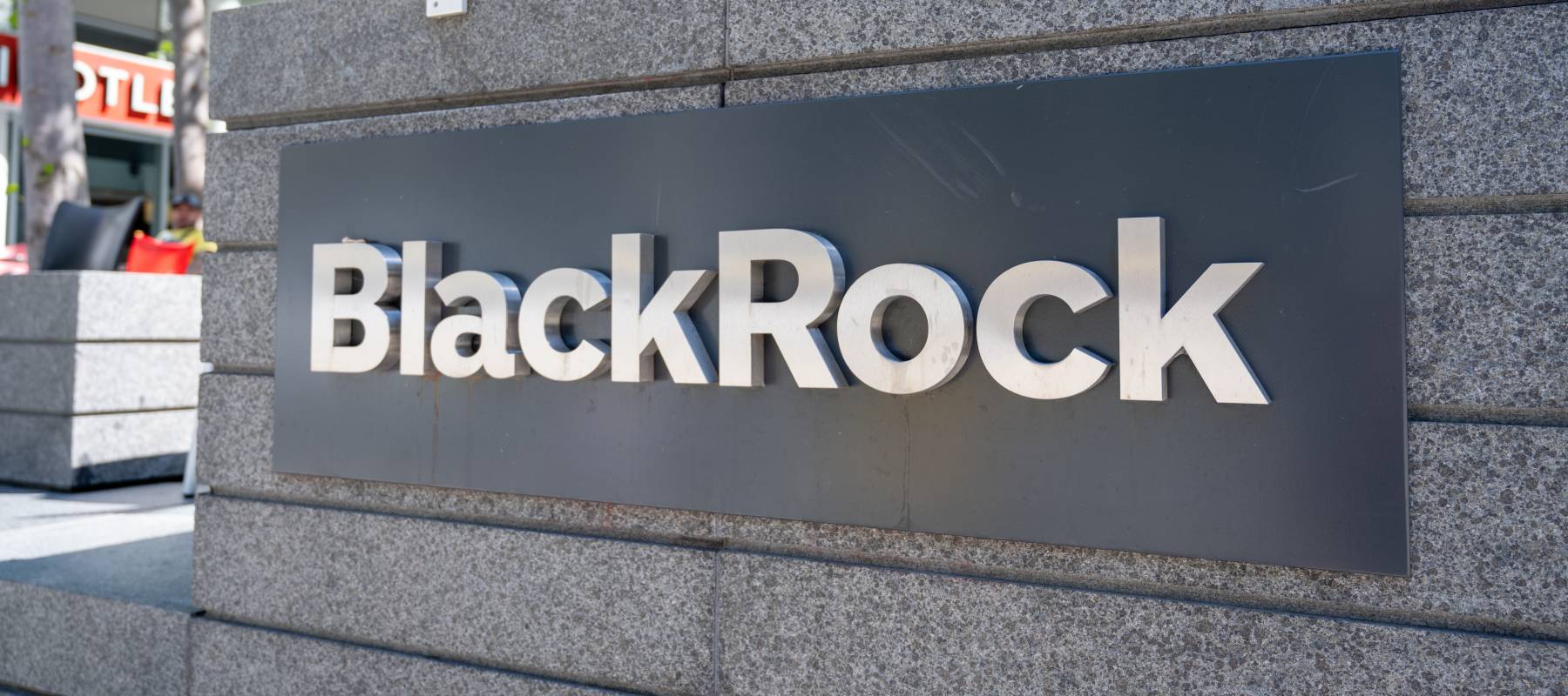 BlackRock logo on granite wall at office entrance, San Francisco, California, May 27, 2025.