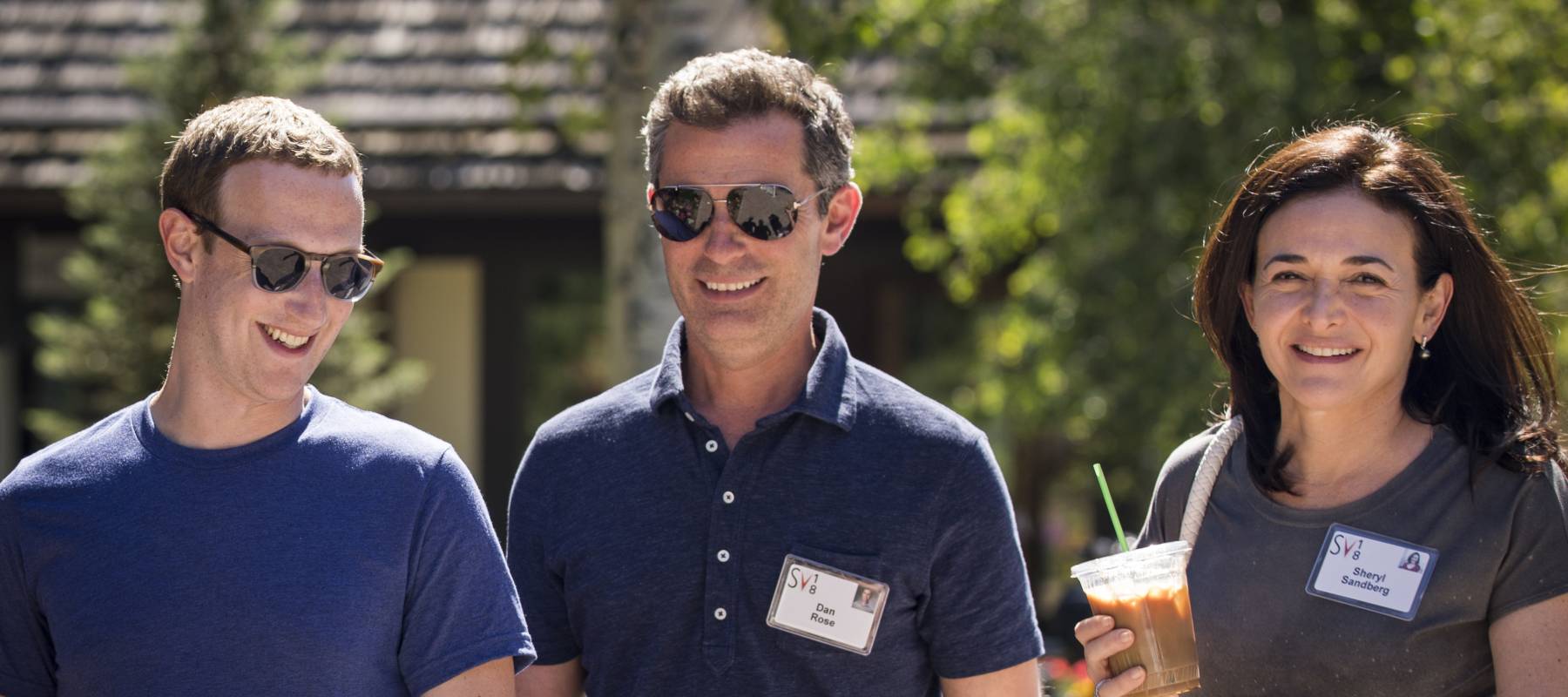 Mark Zuckerberg, Dan Rose and Sheryl Sandberg walk next to each other at the Sun Valley billionaire's retreat.