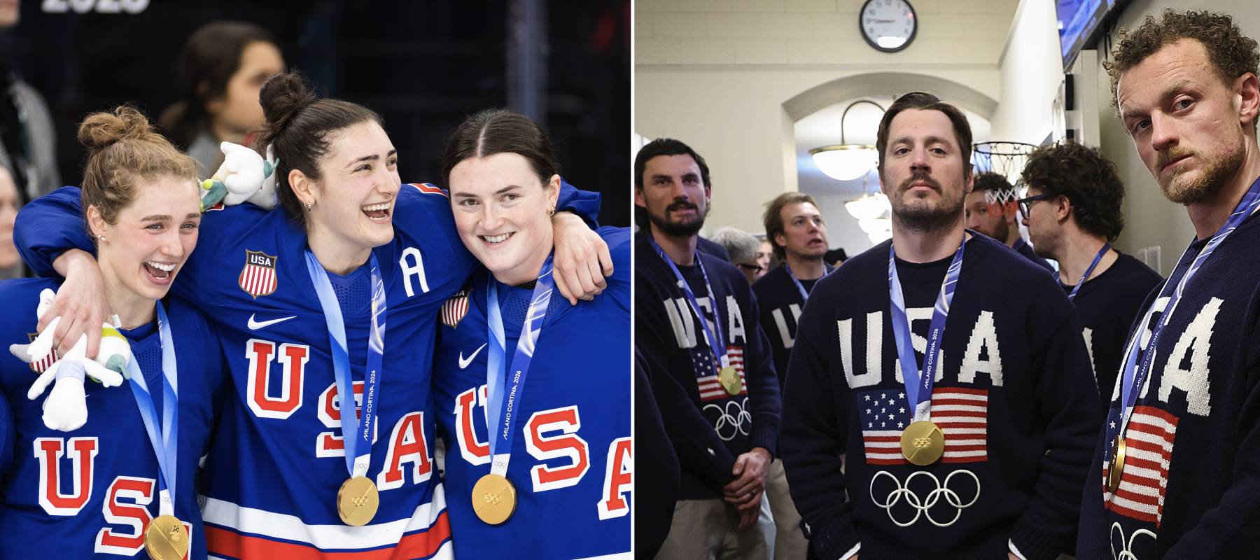The U.S. women's hockey team celebrate their gold-medal win at the 2026 Winter Olympics (left), and the U.S. men's hockey team wait in the halls of Capitol Hill in Washington, D.C.