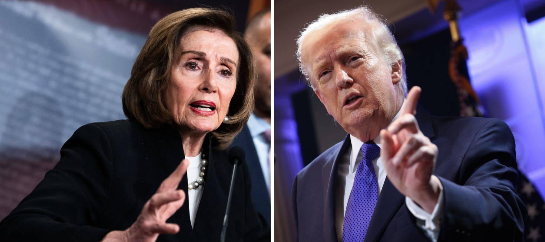 A composite image of Congresswoman Nancy Pelosi and President Donald Trump.