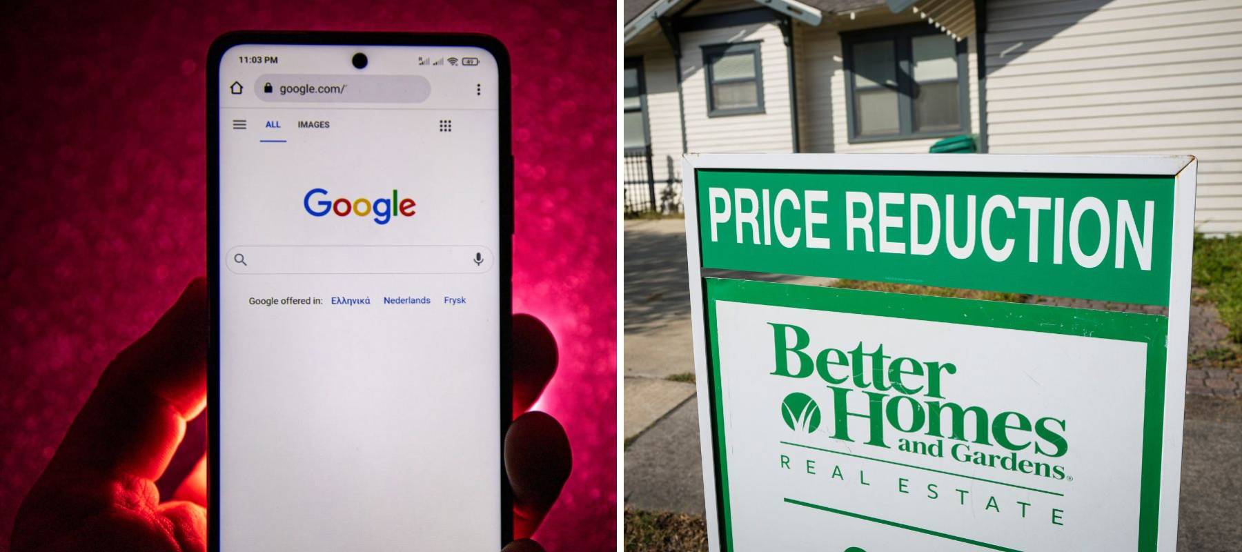A composite shot of a person having Google search open on their smartphone next to a "for sale" sign in front of a home that says "price reduction."