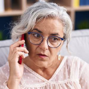 A frustrated woman talks on the phone.
