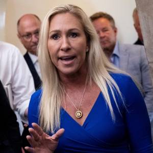 US Representative Marjorie Taylor Greene, Republican of Georgia, speaks to reporters before a meeting with US Speaker of the House Mike Johnson, Republican of Louisiana.