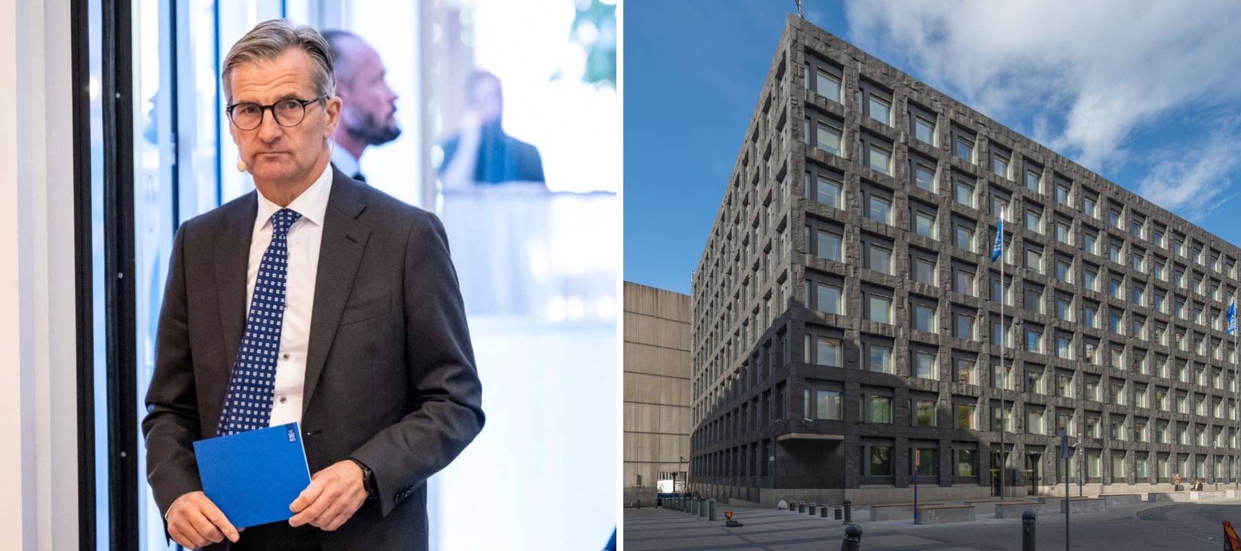 A composite image of Erik Thedéen, governor of Sweden's Central Bank Riksbank next to a stock image of the Riksbank.