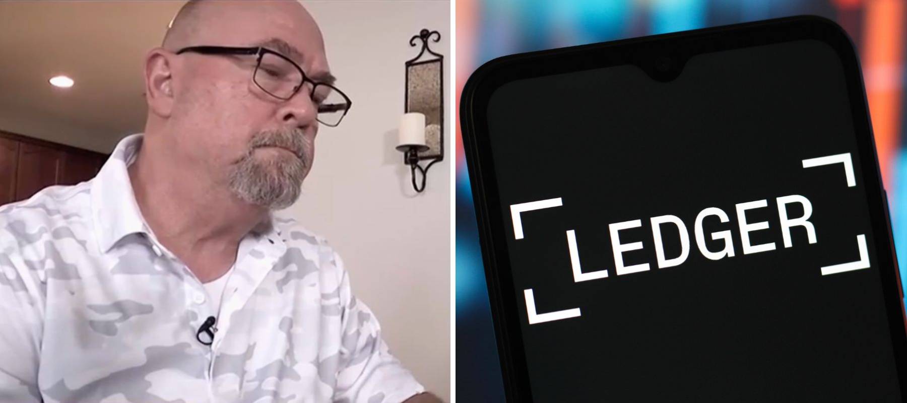 A composite image of a man who was scammed out of his crypto alongside an unrelated image of the Ledger logo on a smartphone.