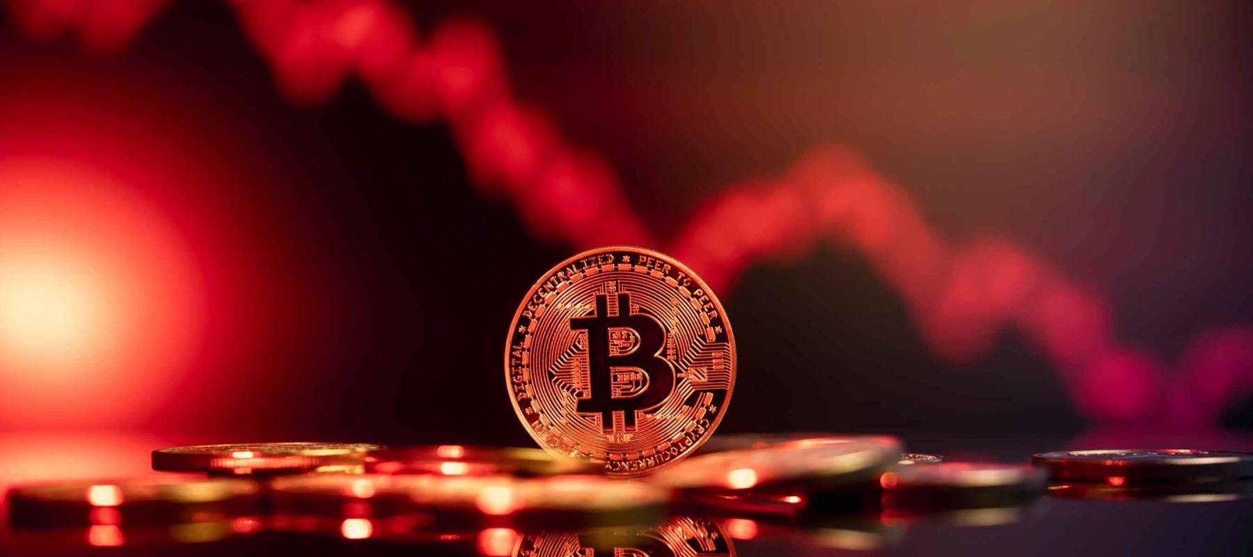 Bitcoin price crash in front of a red abstract virtual background