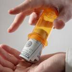 Doctor pouring money out of a pill bottle