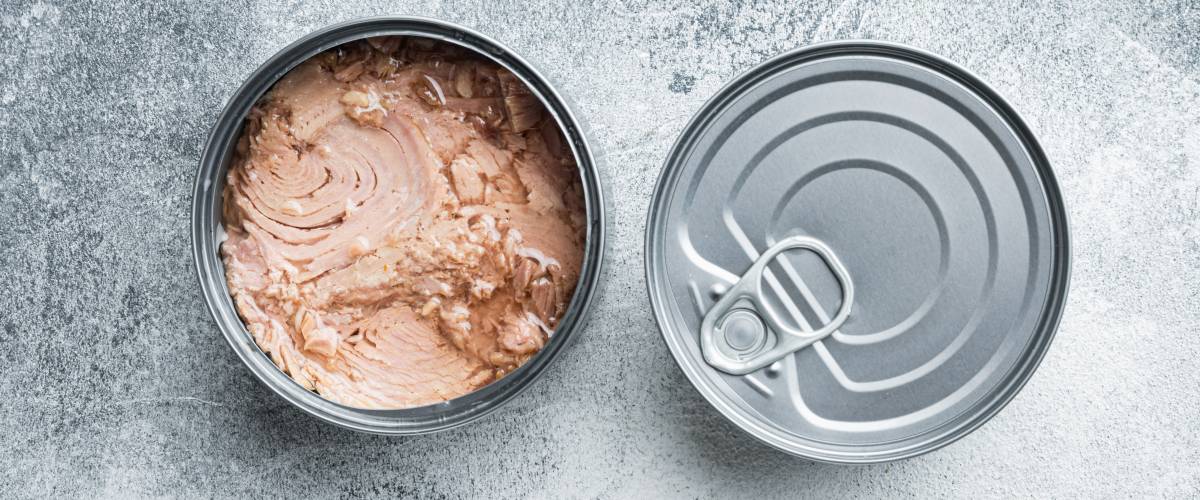 Open can of tuna on table