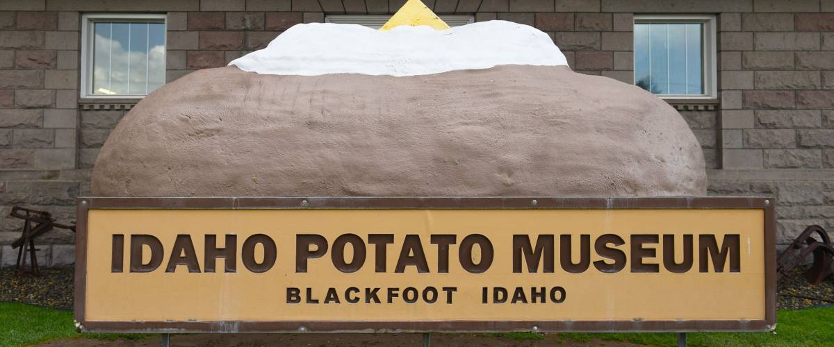 BLACKFOOT, IDAHO, JUNE 28, 2017: Giant Baked Potato at the Idaho Potato Museum. The museum showcasing the history of the potato is housed in the historic Oregon Short Line Railroad Depot.