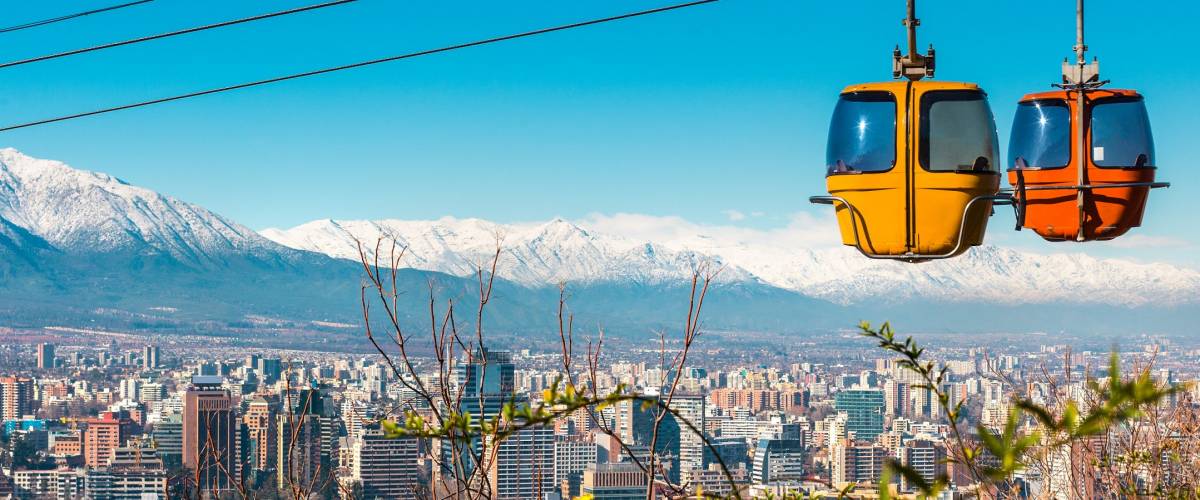 Cable car in San Cristobal hill, overlooking a panoramic view of Santiago de Chile