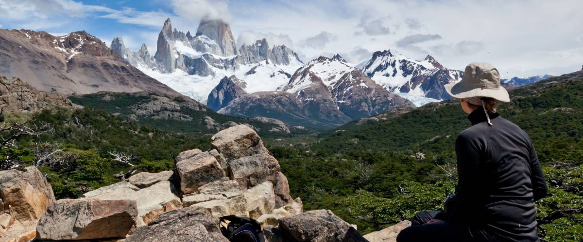 Fitz Roy mountain landscape with woman