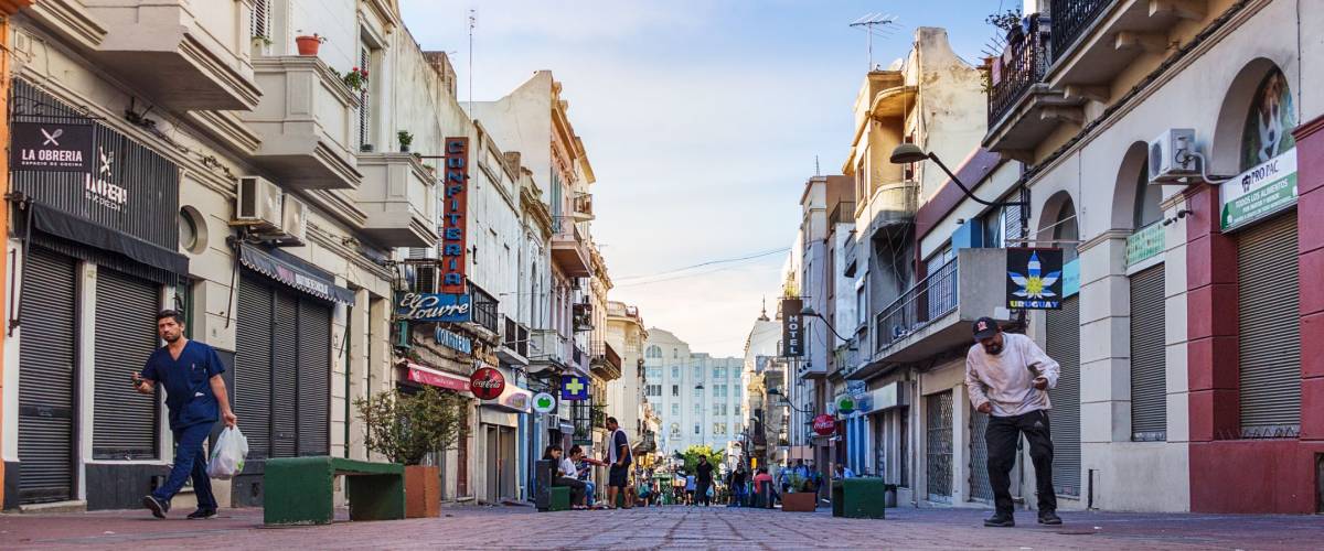 Montevideo, Uruguay - February 25th, 2018: The pedestrian street Calle Perez Castellano at the downtown near the Port of Montevideo.