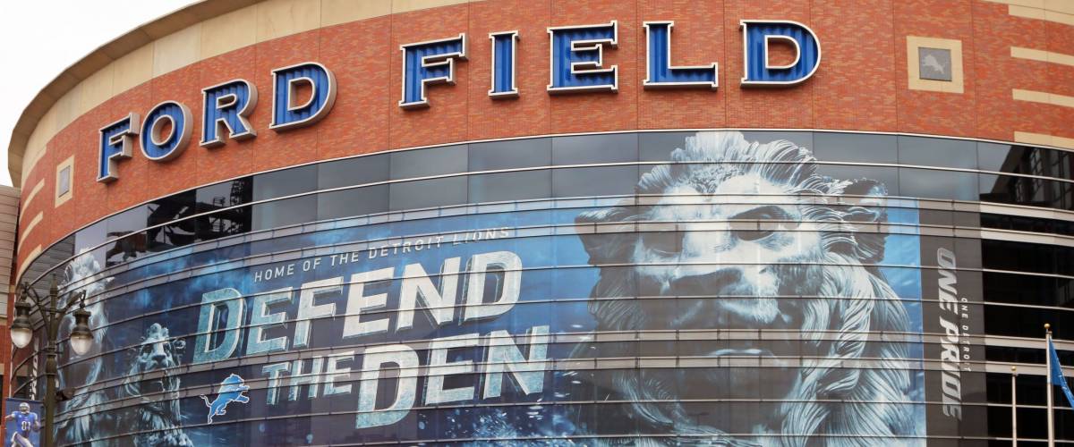 DETROIT, MI-MAY 2015:  Exterior of Ford Field, the home of the Detroit Lions.  The Lions are owned by members of the founding Ford Motor Company family.