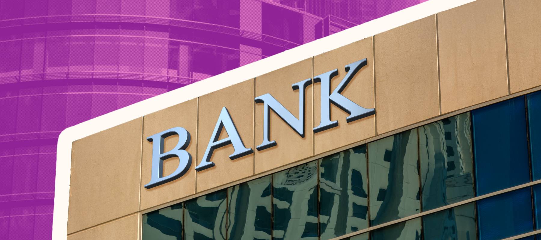 Bank sign on glass wall of business center