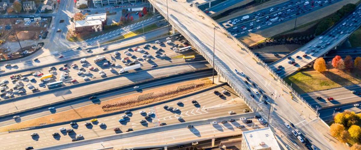 Aerial Atlanta traffic on Highway I-85 and overpass in downtown Atlanta