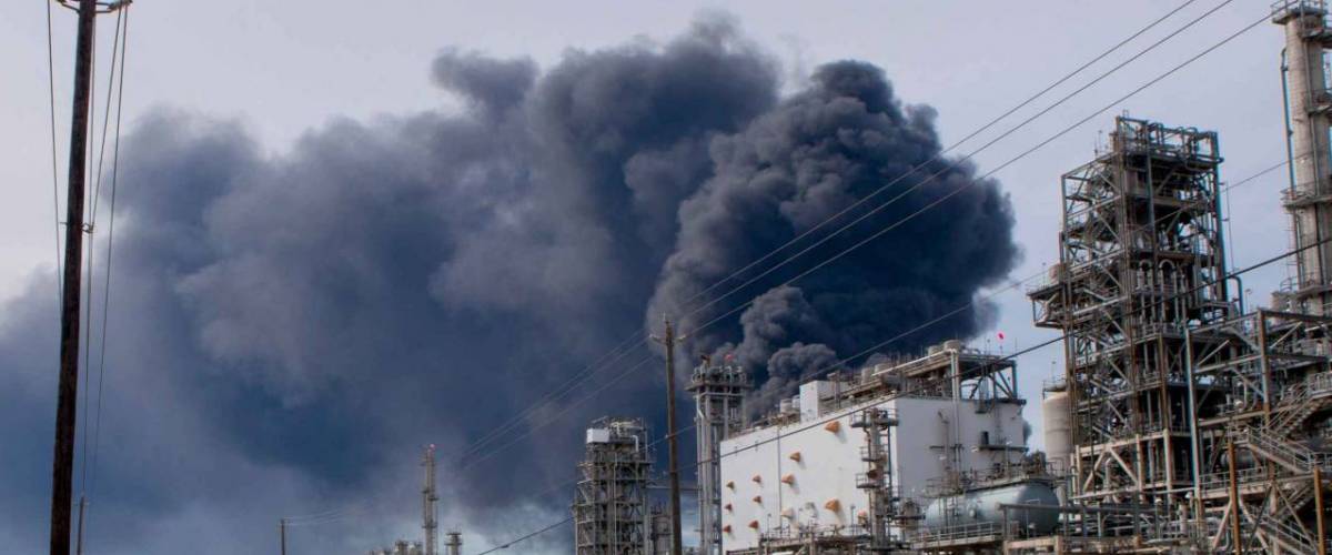 A large storage tank fire at Intercontinental Terminals Company in Deer Park near Houston, Texas. The tanks on fire hold Naphtha and xylene