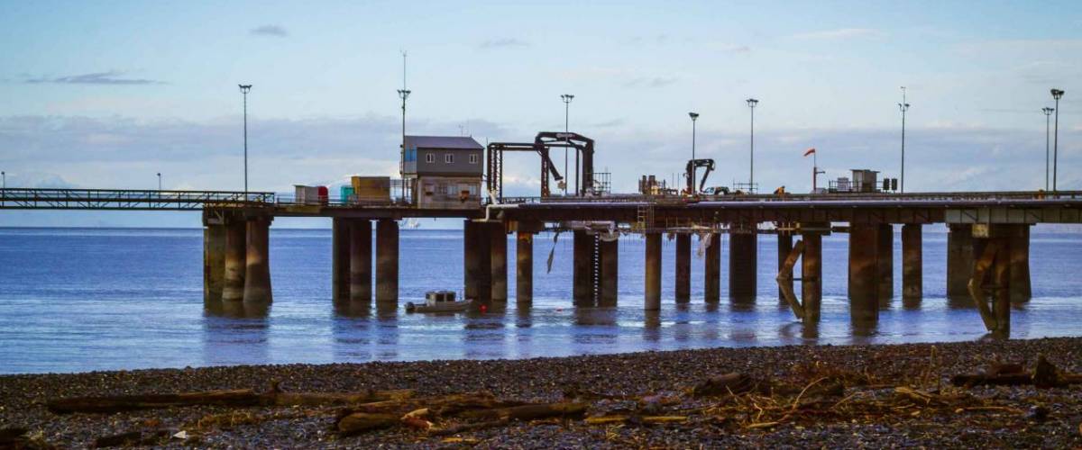 Oil industry service station near oil derricks in Cook Inlet at Nikiski, Alaska with driftwood in foreground