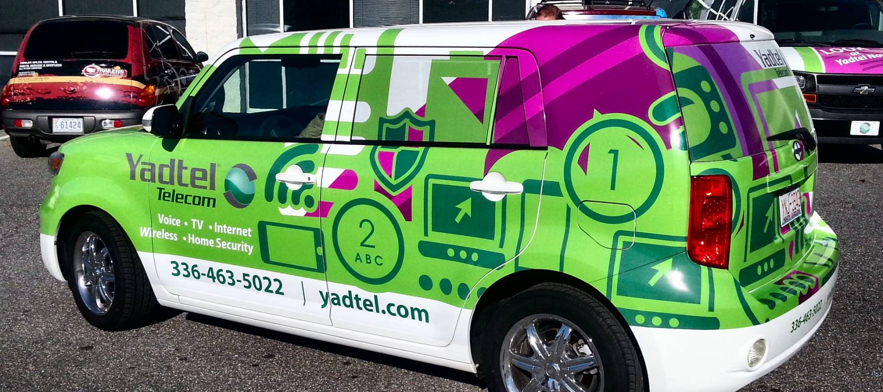A car wrapped in advertising