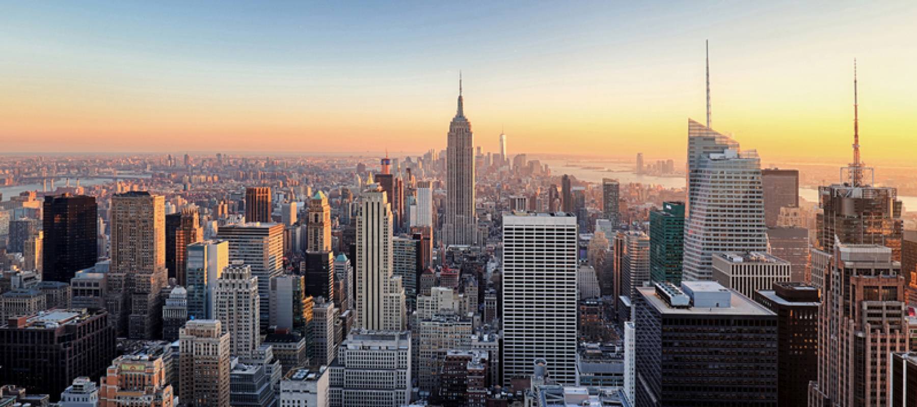 Skyscrapers in Lower Manhattan, looking up at sky, New York City.