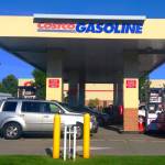 Cars line up to get gas at Costco.