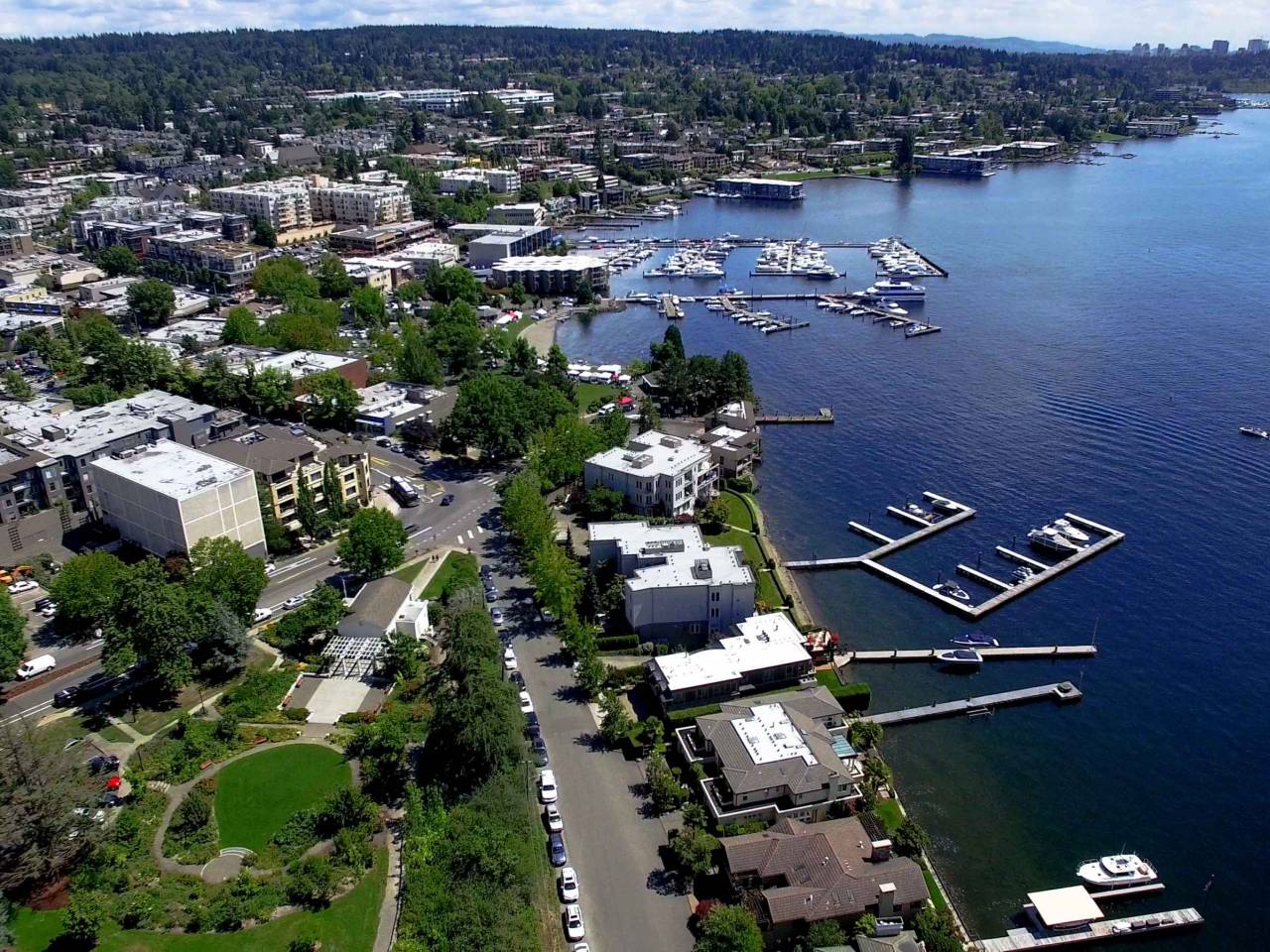 Kirkland, WA Waterfront Aerial Panoramic Photo Looking South Towards Lake Washington and the Bellevue Skyline