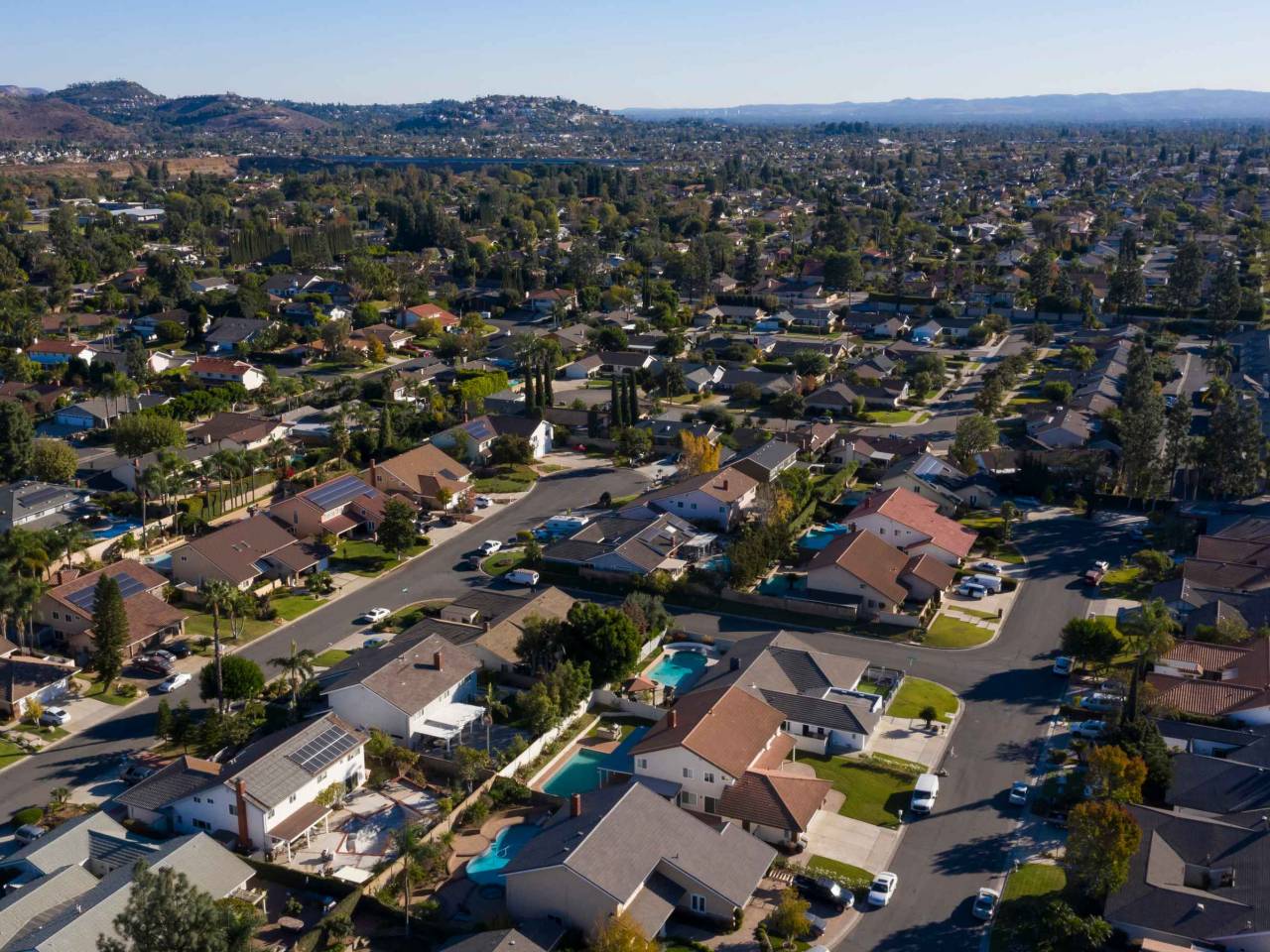 Day time aerial view of the residential area of Villa Park, California, USA.