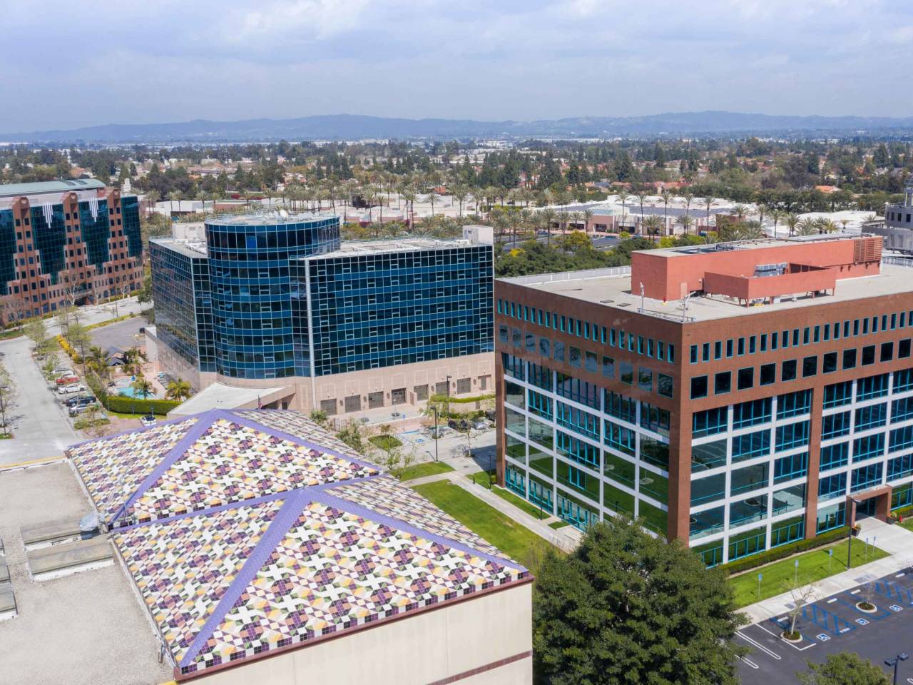 Aerial view of downtown Cerritos, California.